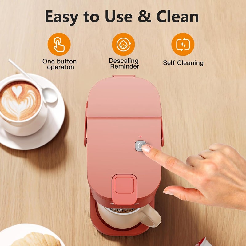 Tastyle Single Serve One Cup Coffee Maker, for K Cups and Grounds, Mini Coffee Maker with Portable Handle, 6 to 12 Oz Brew Size, for Travel, Camping, Office, RV and Dorm, 120V, Salmon Pink - Image 5